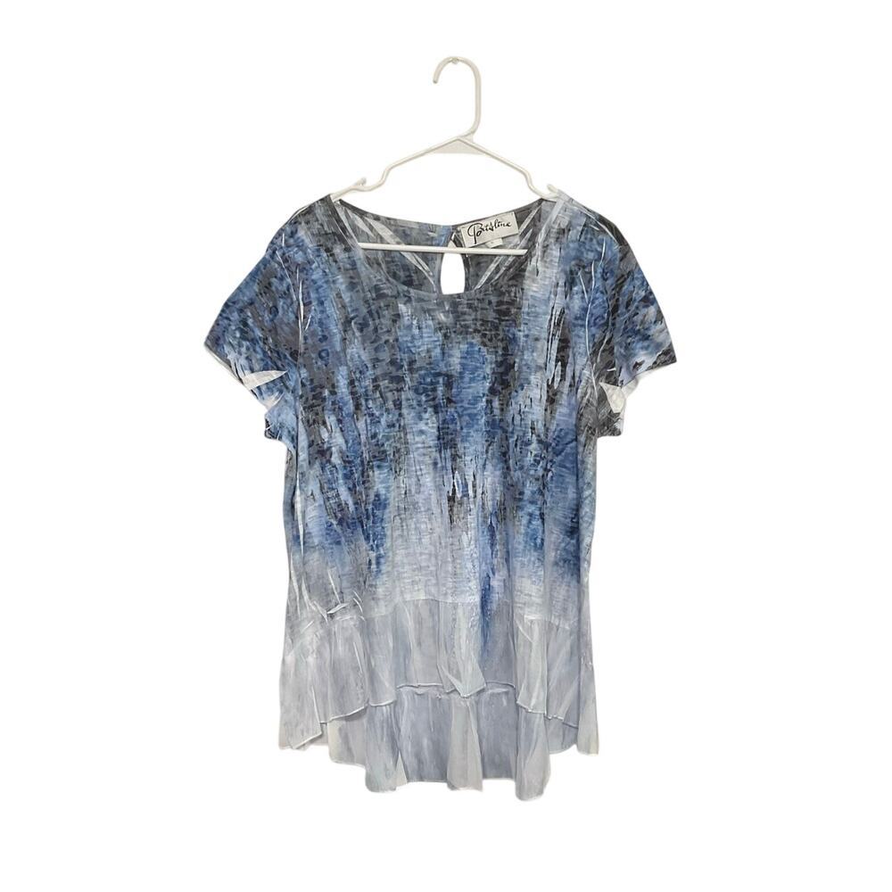 VTG Y2K Parisline Blue/White Tie Dye Ombre Top Short Sleeve Size X-Large Ruffles